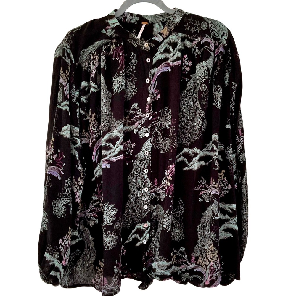 FREE PEOPLE Metallic Blooms Peacock Print Blouse XS‎ Black Multi Mandarin Boho